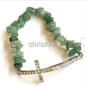 Silver Jade Crystal Cross Bracelet Green Stones